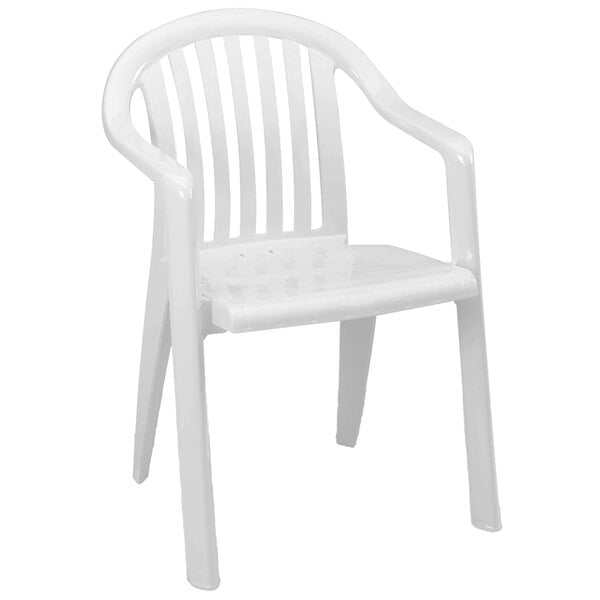 A white plastic Grosfillex Miami armchair with armrests.