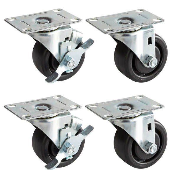 Four black Beverage-Air plate casters with black rubber wheels.