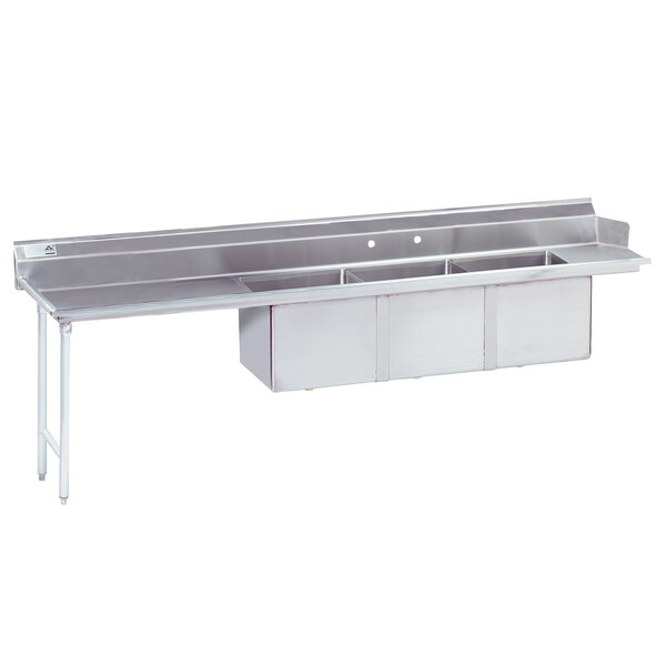 A stainless steel Advance Tabco dishtable with a left drainboard, three 20" x 20" sink bowls, and a shelf.