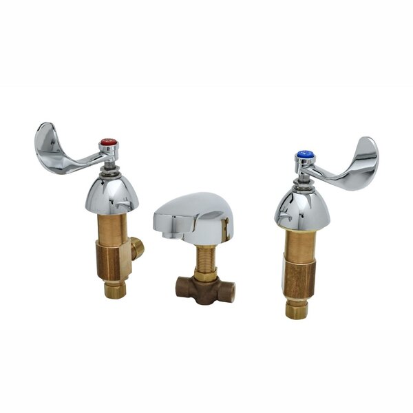 A group of T&amp;S deck-mount faucets with brass spouts and wrist action handles.