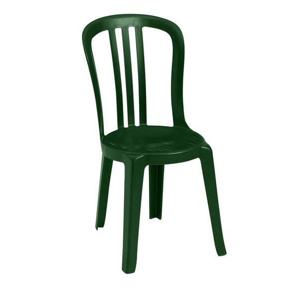 A pack of 4 green Grosfillex Miami outdoor stacking chairs.
