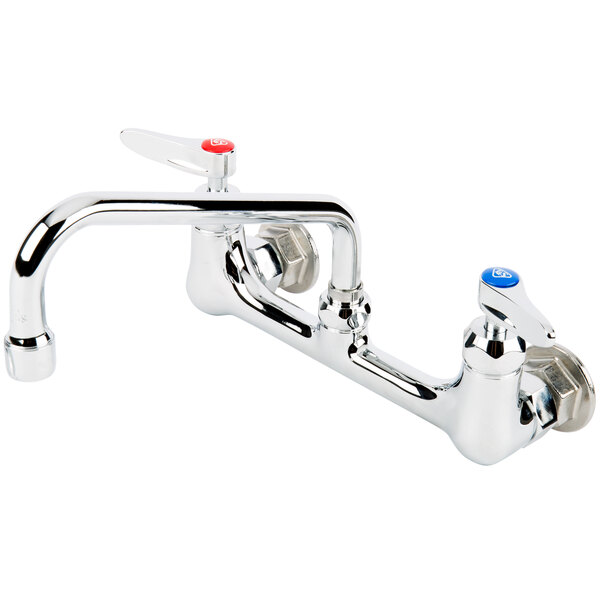 A T&S chrome wall mount faucet with two handles and adjustable centers.