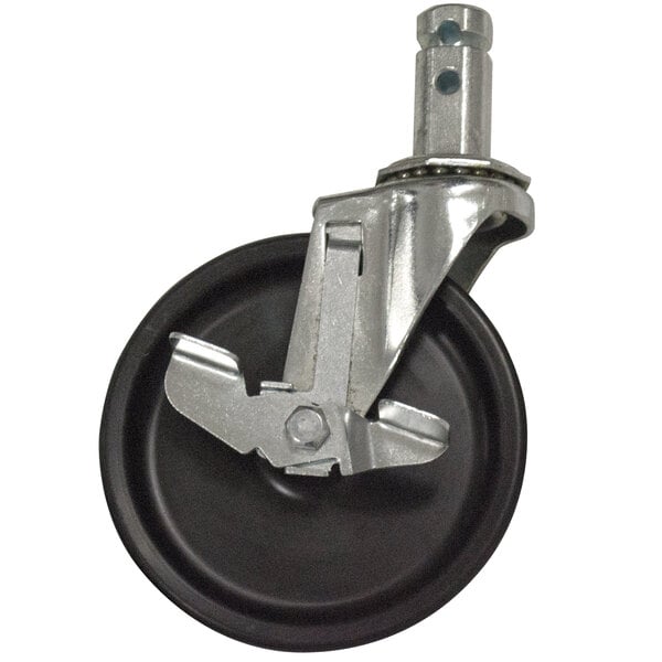 An Advance Tabco swivel caster with a black rubber wheel and metal wheel.