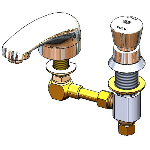 A T&S deck mount metering faucet with a push button.