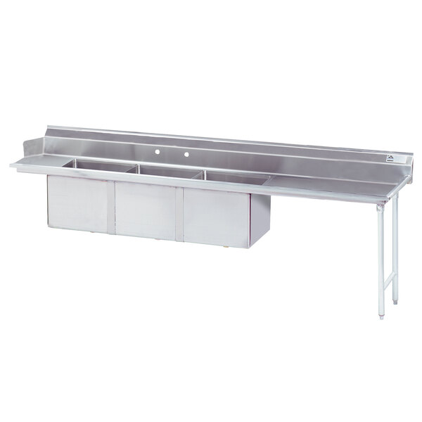 A stainless steel Advance Tabco dishtable with 3 compartments and a right drainboard.