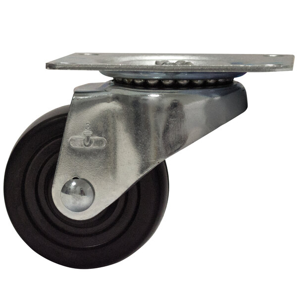 A metal and black swivel plate caster wheel.