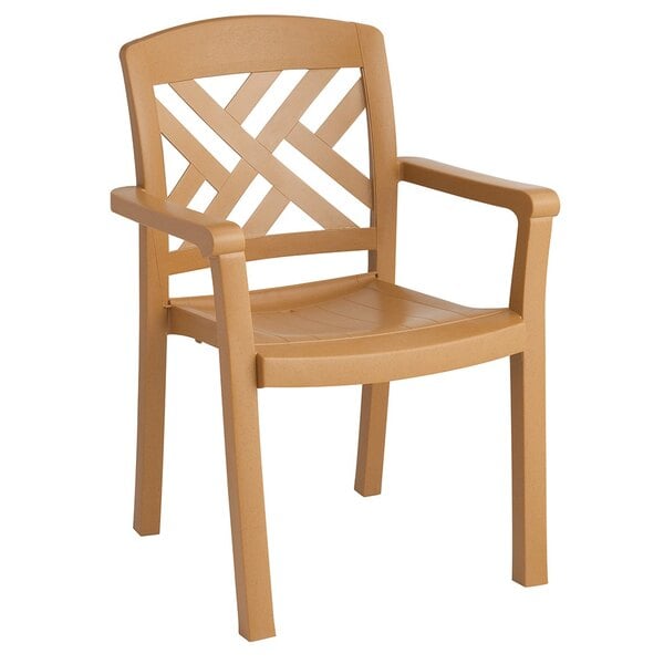 A brown plastic Grosfillex Sanibel armchair with a lattice pattern on the back.