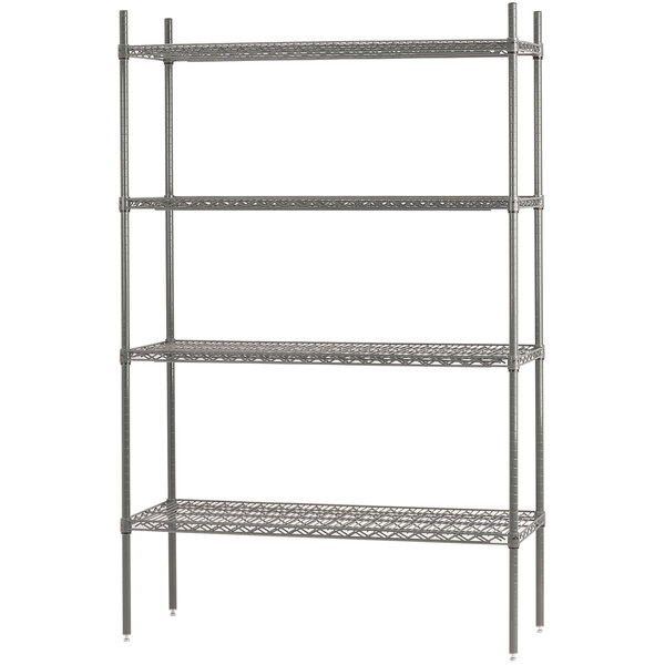 A chrome metal shelving unit with four shelves.