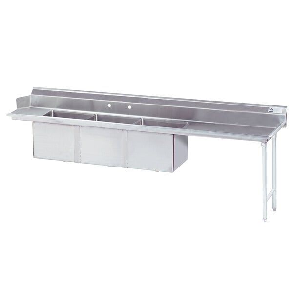 A stainless steel Advance Tabco dishtable with a 3-compartment sink and right drainboard.