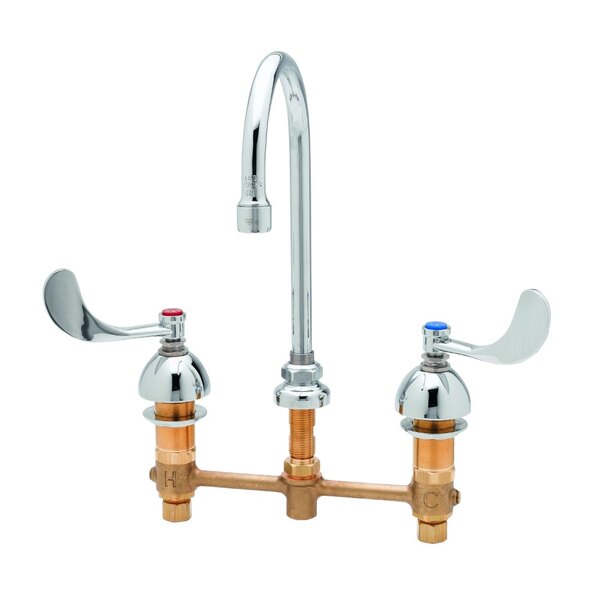 A T&S deck-mount faucet with 8" centers, 8 3/4" gooseneck, and 4" wrist action handles in white.