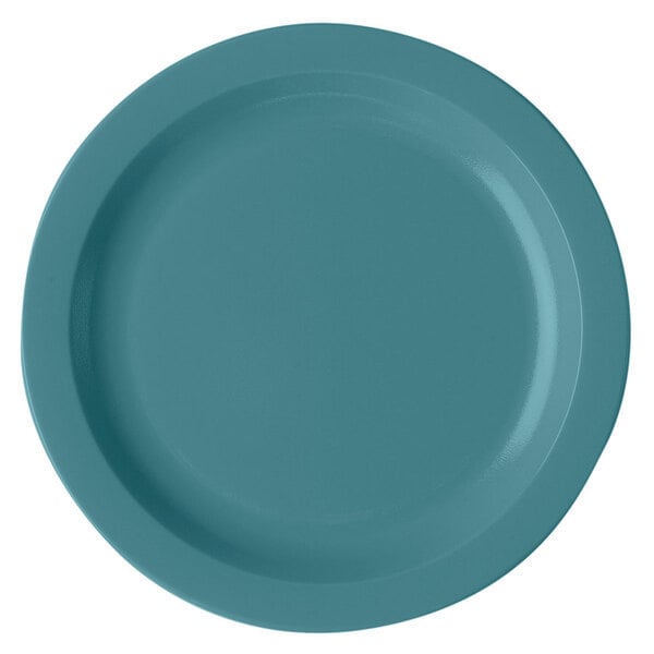 A close-up of a Cambro slate blue polycarbonate plate with a narrow rim.