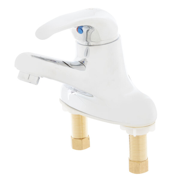 A T&S chrome single lever faucet with a close-up of the faucet head.