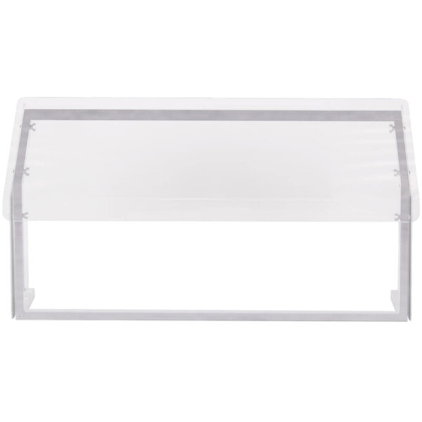 A white rectangular plastic cover with a silver metal frame.