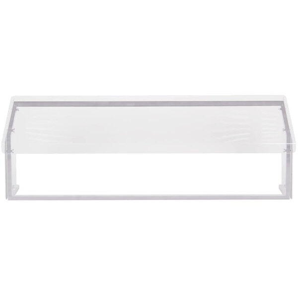 A white rectangular object with a clear cover and a silver border.