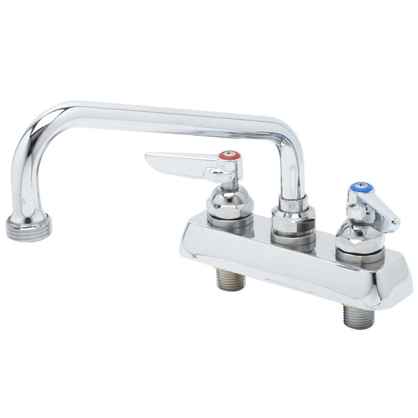 A T&S chrome deck-mount faucet with two handles and an 8" swing nozzle.