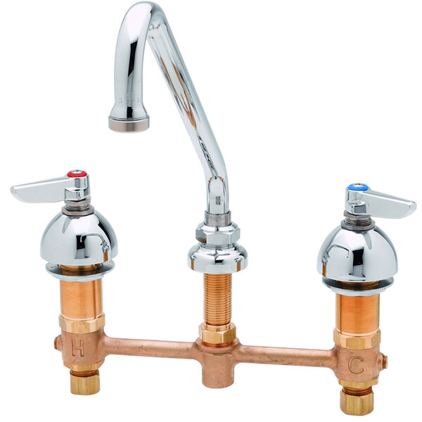 A T&S deck-mount faucet with 2 wrist action handles and a swing nozzle.