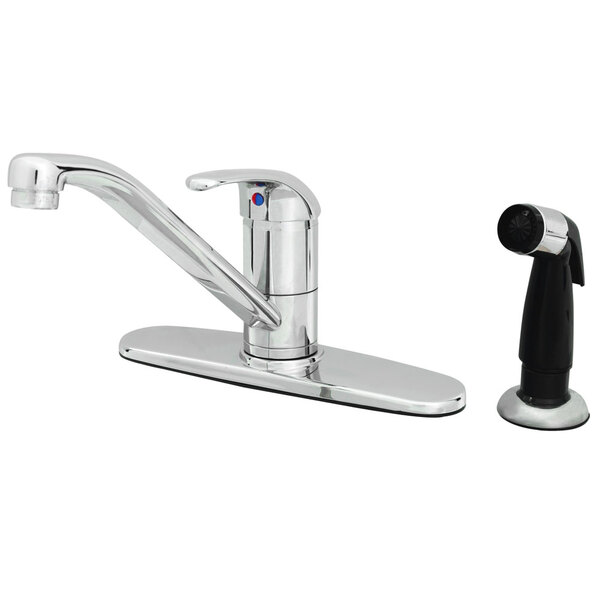 A T&S chrome single lever faucet with a deckplate and sidespray.
