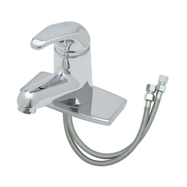 A silver T&S single lever deck mount faucet with hoses attached.