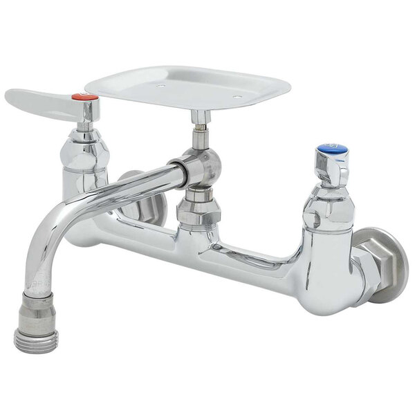 A silver T&S wall mount faucet with 8" adjustable centers, 6" swing nozzle, and soap dish.
