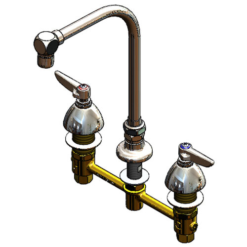 A T&S deck-mount faucet with lever handles and a swing spout.