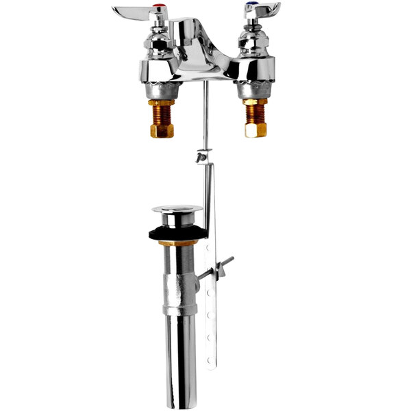 A T&S chrome deck mount faucet with 4 arm handles.