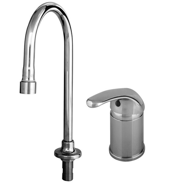 A T&S chrome deck-mount faucet with supply hoses and a remote control base.