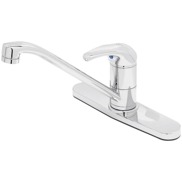 A close-up of a silver T&S single lever faucet with a spout.