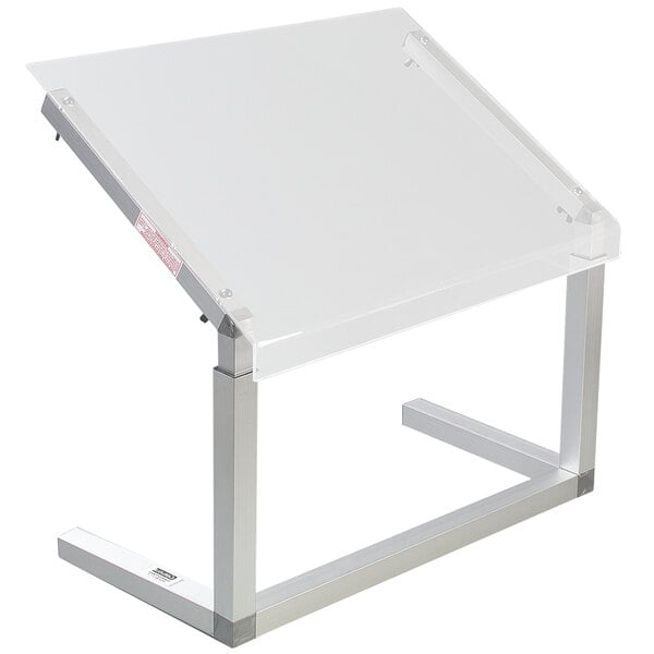 A Carlisle aluminum single sneeze guard on a clear glass table with a metal base.