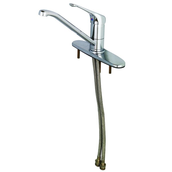 A silver T&S single lever faucet with supply hoses.
