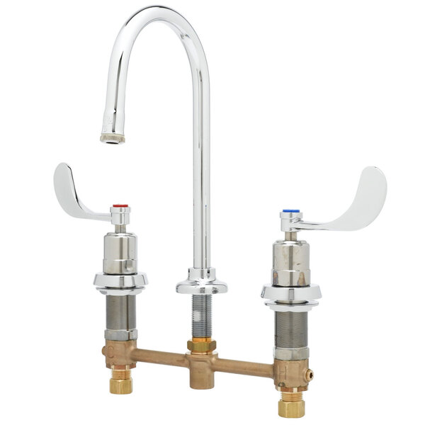 A T&S deck-mount faucet with two wrist action handles.