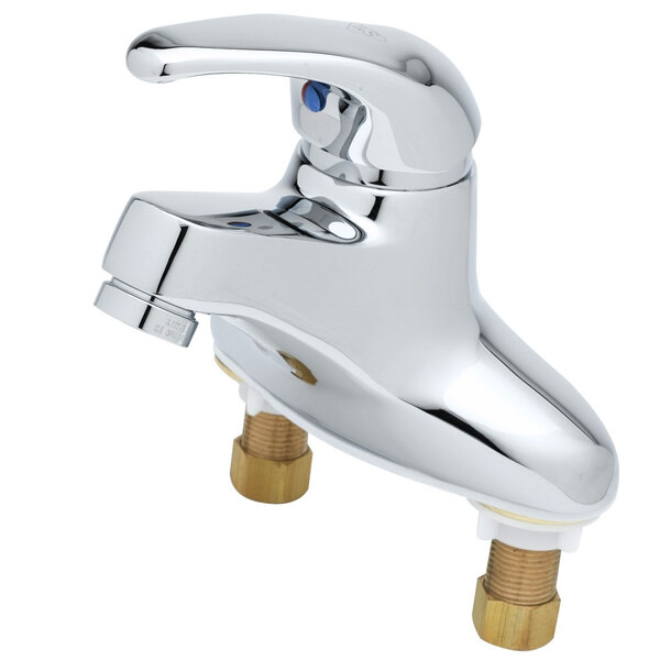 A T&S chrome single lever faucet with a single handle.