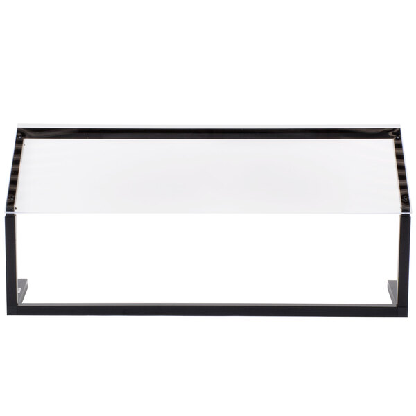 A black rectangular frame with a clear plastic cover on a black metal base.