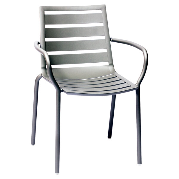 A gray BFM Seating South Beach outdoor chair with armrests.