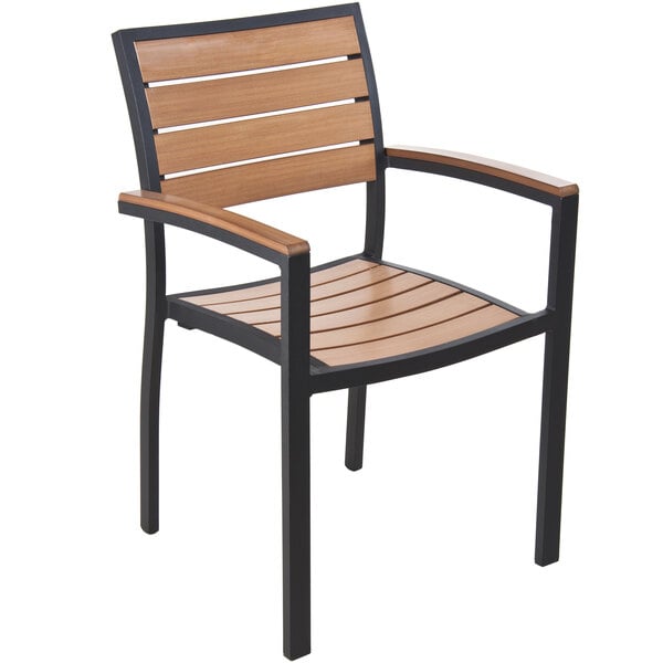 A BFM Seating Largo synthetic teak chair with black legs.