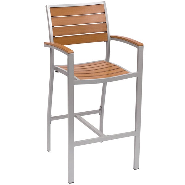 A BFM Seating Largo bar height chair with a synthetic teak seat.