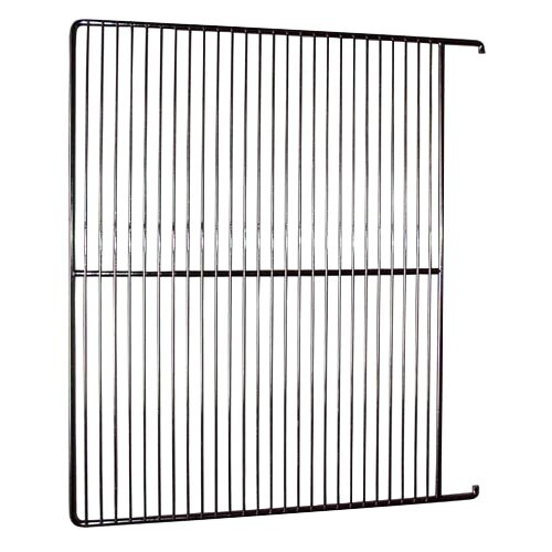 A chrome wire shelf with black metal grid on a white background.