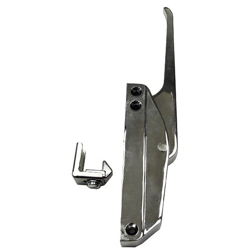 A close-up of a Kason metal door latch with a straight handle and lock.