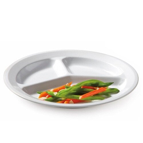 A white GET SuperMel three compartment plate with green and orange vegetables on it.