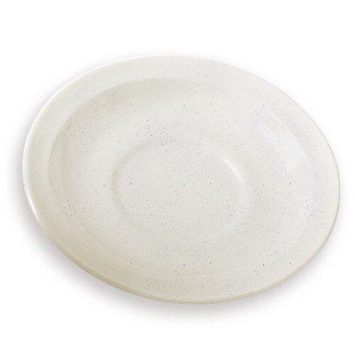 A close-up of a white GET Ironstone saucer with a speckled texture.