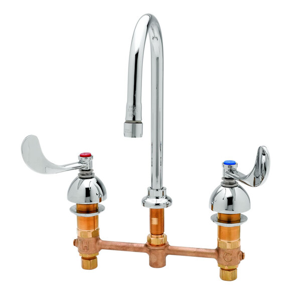 A chrome T&S deck mount faucet with gooseneck and wrist action handles.