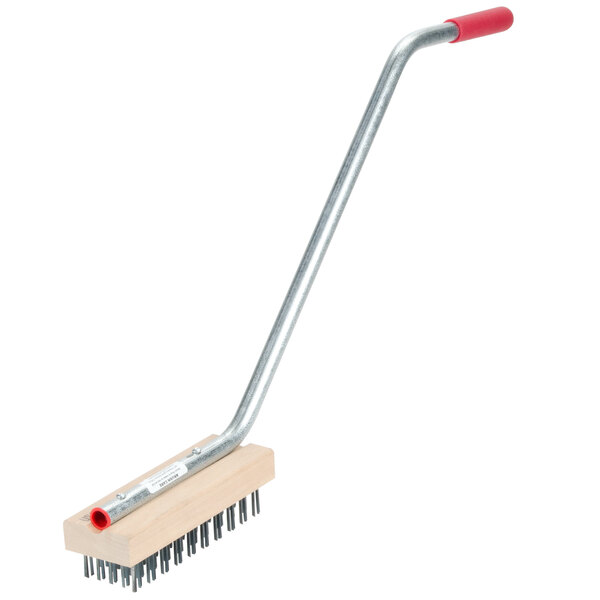 A metal broiler and grill brush with a red handle.