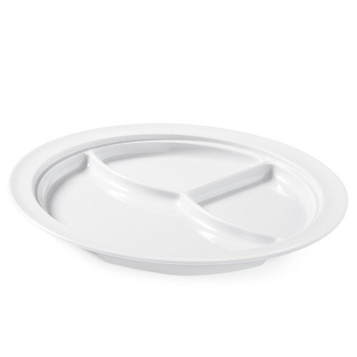 A white GET SuperMel plate with three compartments.