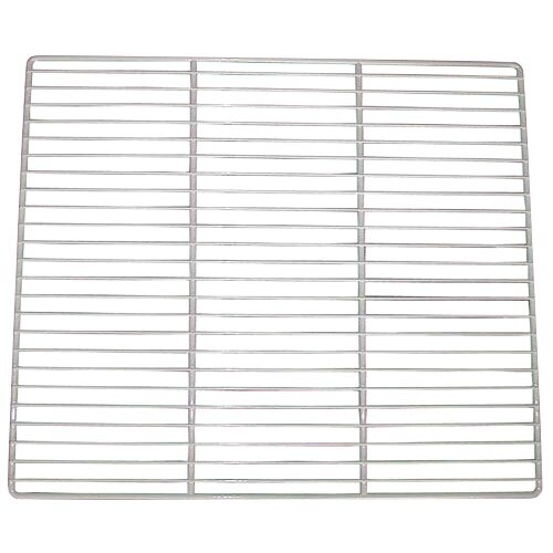 A white metal grid shelf with many rows of metal bars.