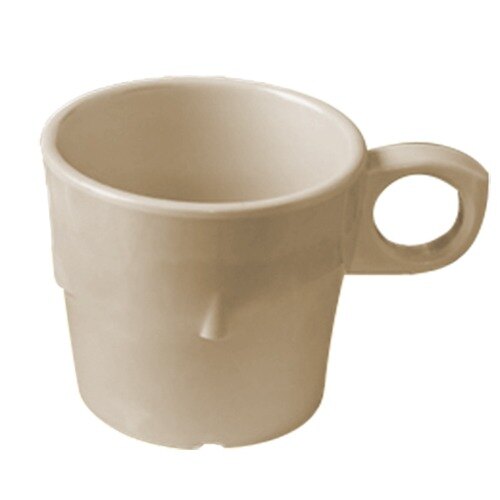 A tan SuperMel conic mug with a handle.
