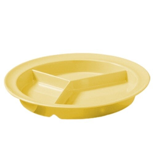 A yellow melamine plate with three compartments.