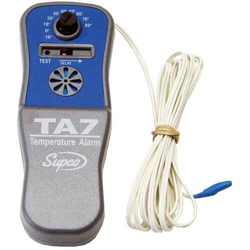 A Supco TA7 temperature alarm with a wire attached.