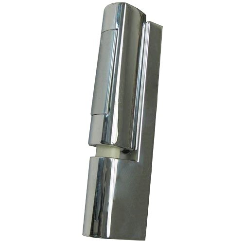 A close-up of a Kason reversible cam lift door hinge with a silver finish.