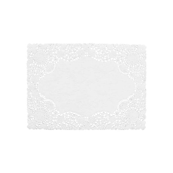 A white Normandy lace placemat with a scalloped edge.