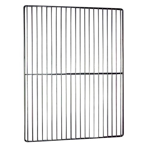 A silver epoxy coated wire shelf with a metal grid.