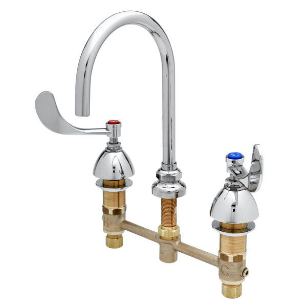 A chrome T&S deck mount faucet with gooseneck and wrist action handles.